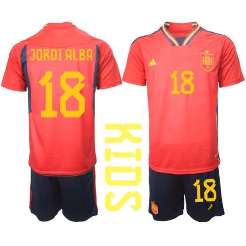 Spania Jordi Alba #18 Hjemmedraktsett Barn VM 2022 Kortermet (+ Korte bukser) Spania Jordi Alba #18 Hjemmedraktsett Barn VM 2022 Kortermet (+ Korte bukser)